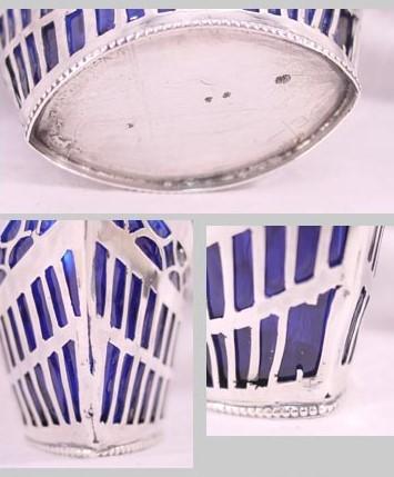 Antique 1790s American Coin Silver Cobalt Blue Glass Basket Bowl/Dish