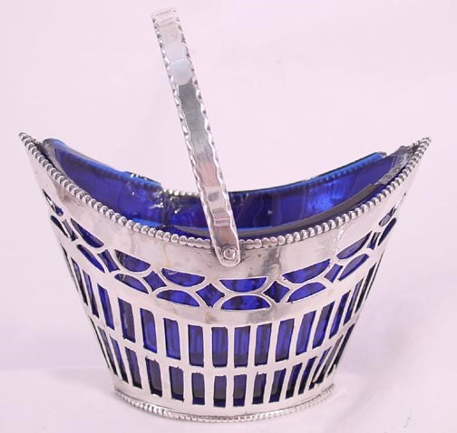 Antique 1790s American Coin Silver Cobalt Blue Glass Basket Bowl/Dish