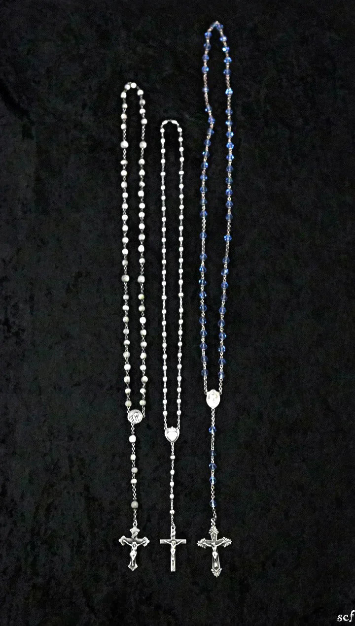 3 Sterling Silver and Beaded Rosaries Glass and MOP Beads Lovely Crucifixes