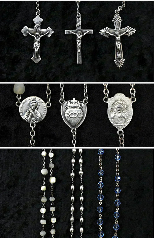 3 Sterling Silver and Beaded Rosaries Glass and MOP Beads Lovely Crucifixes