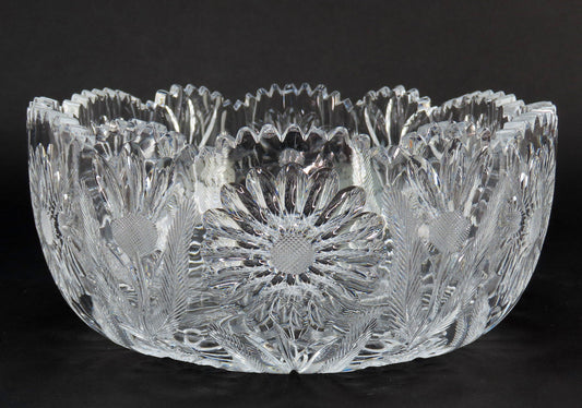Rare Quality American or English Cut Glass Daisy Sunflower Floral Bowl 8.75"