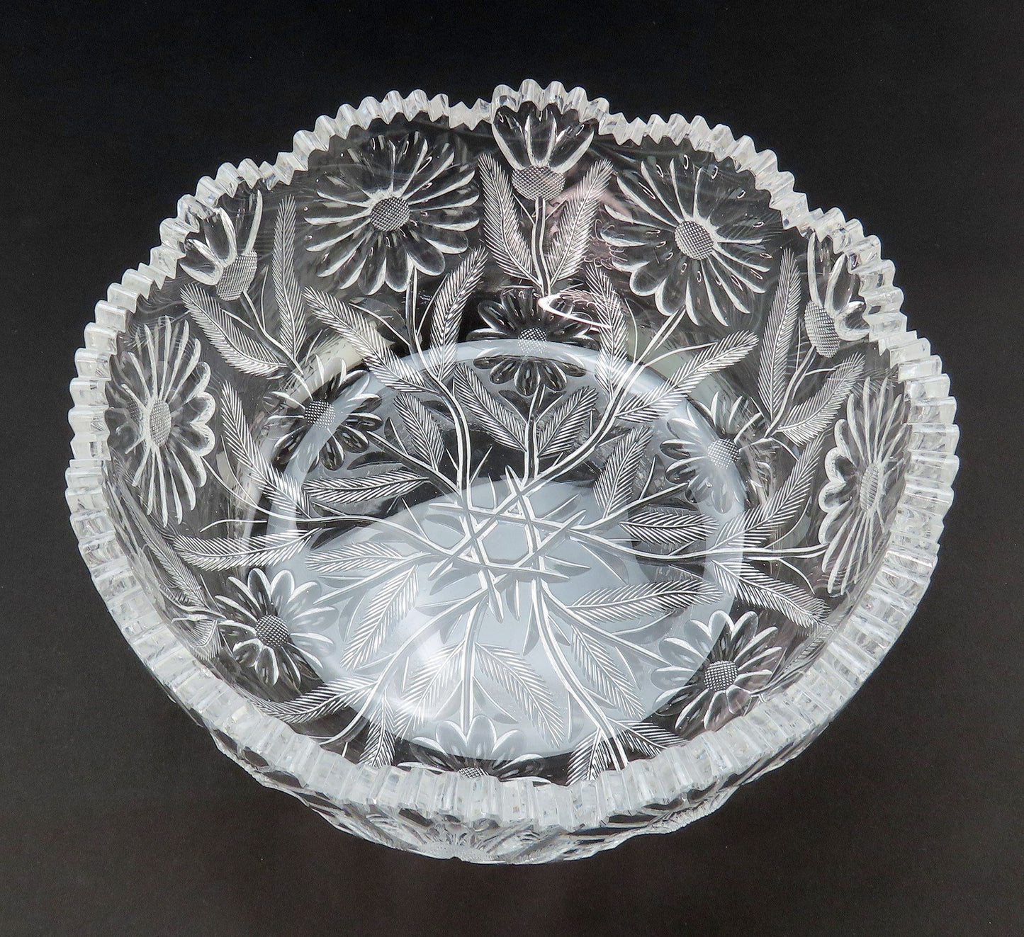 Rare Quality American or English Cut Glass Daisy Sunflower Floral Bowl 8.75"