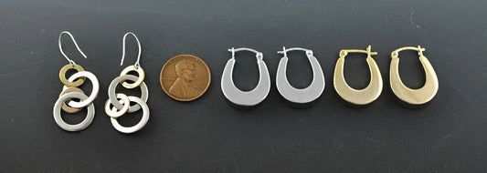 3 Pairs Sterling Silver Hoop Style Earrings Gold Washed Pierced