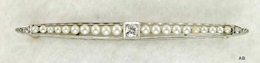 Edwardian Platinum Filigree Diamond Pearl Bar Pin Brooch