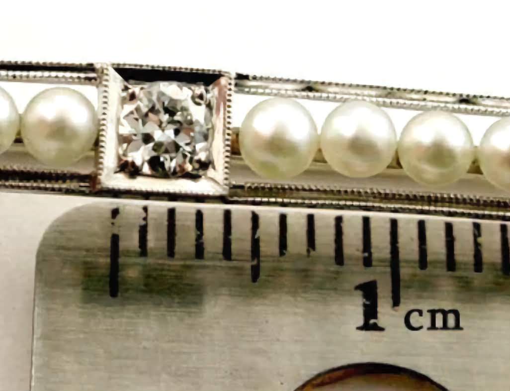 Edwardian Platinum Filigree Diamond Pearl Bar Pin Brooch