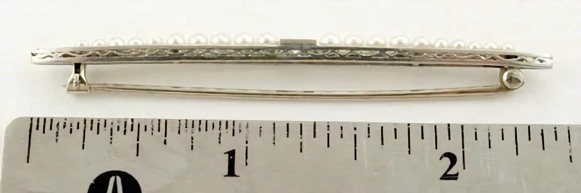 Edwardian Platinum Filigree Diamond Pearl Bar Pin Brooch