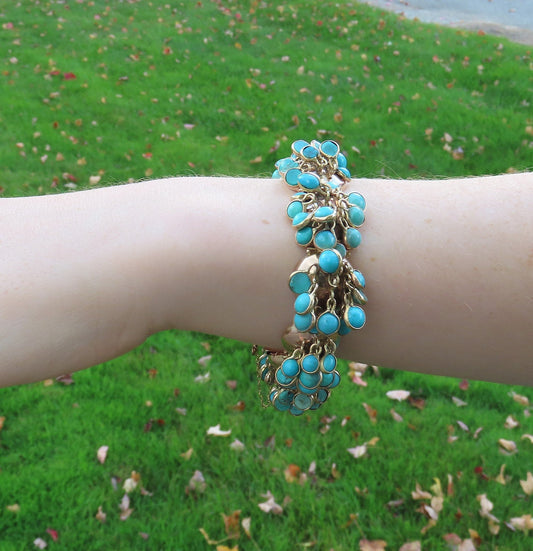Stunning 14k Yellow Gold Turquoise Cabochon Dangle Tassel Jingle Bracelet