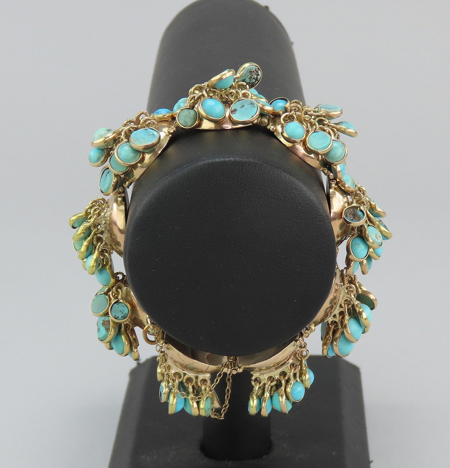 Stunning 14k Yellow Gold Turquoise Cabochon Dangle Tassel Jingle Bracelet