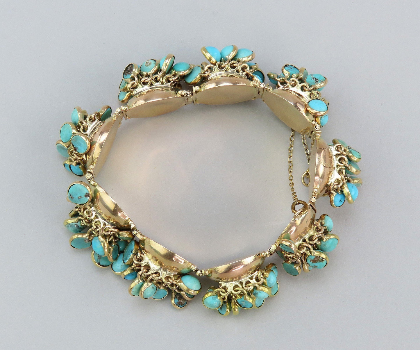 Stunning 14k Yellow Gold Turquoise Cabochon Dangle Tassel Jingle Bracelet