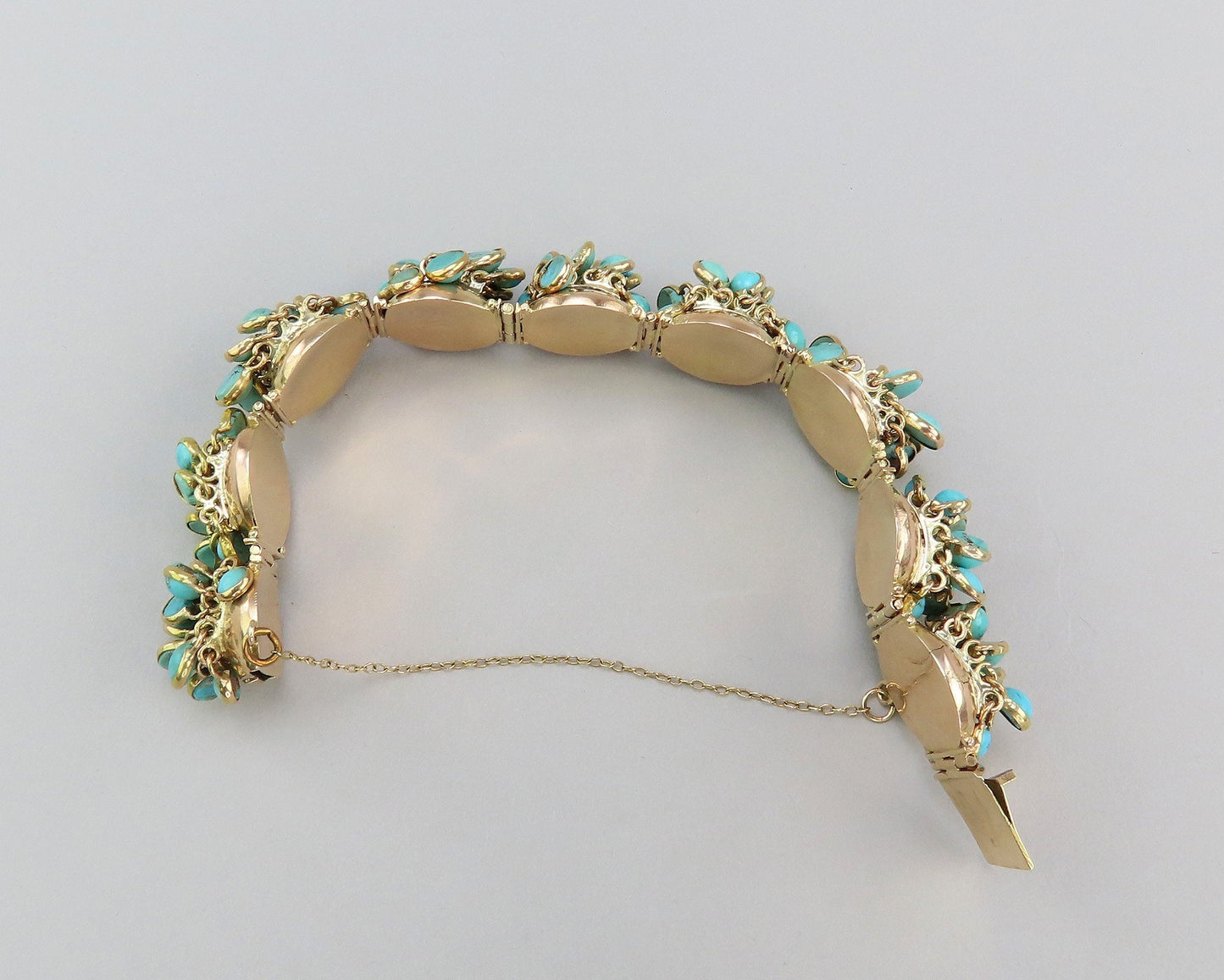 Stunning 14k Yellow Gold Turquoise Cabochon Dangle Tassel Jingle Bracelet