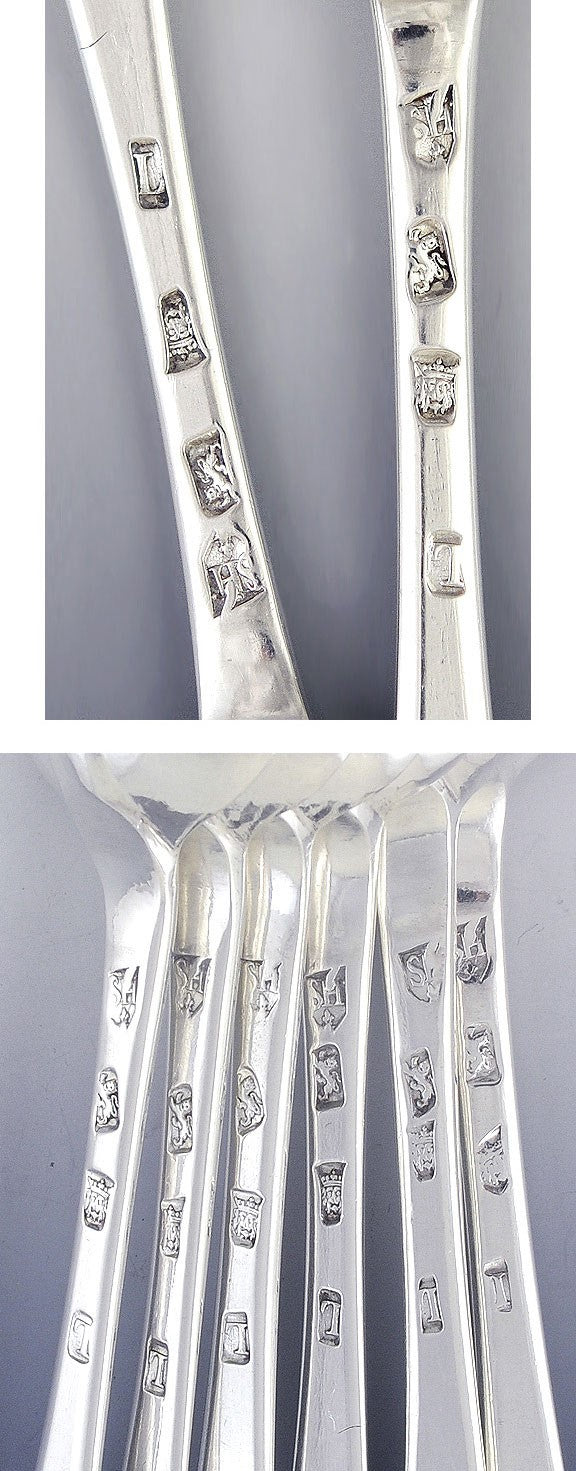 6 Antique 1726 Georgian English Sterling Silver Place Dessert Soup Spoons 8"