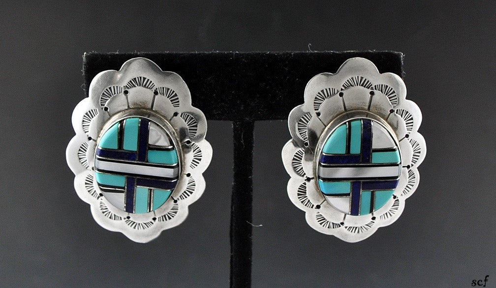 Sterling Silver and Genuine Stone Earrings Pierced Mosaic Design