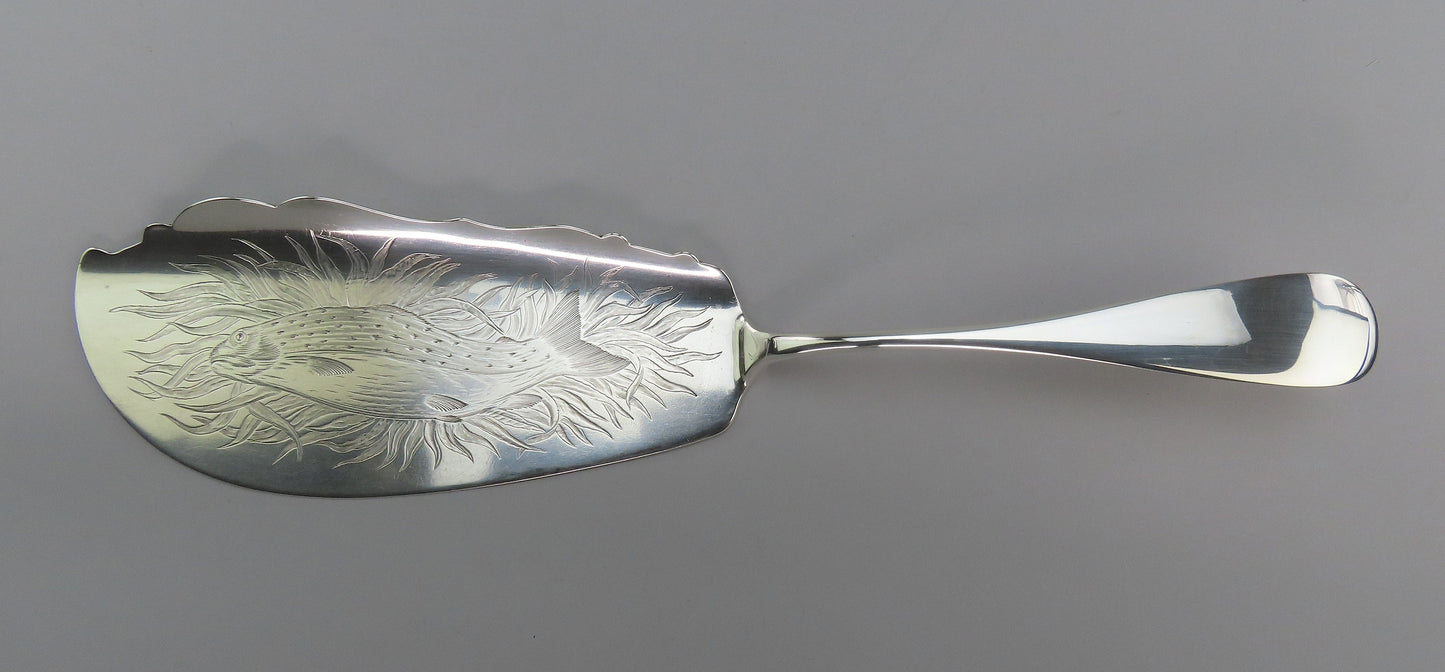 Rare c1860-1865 American Sterling Silver Hand Engraved Fish Slice Server