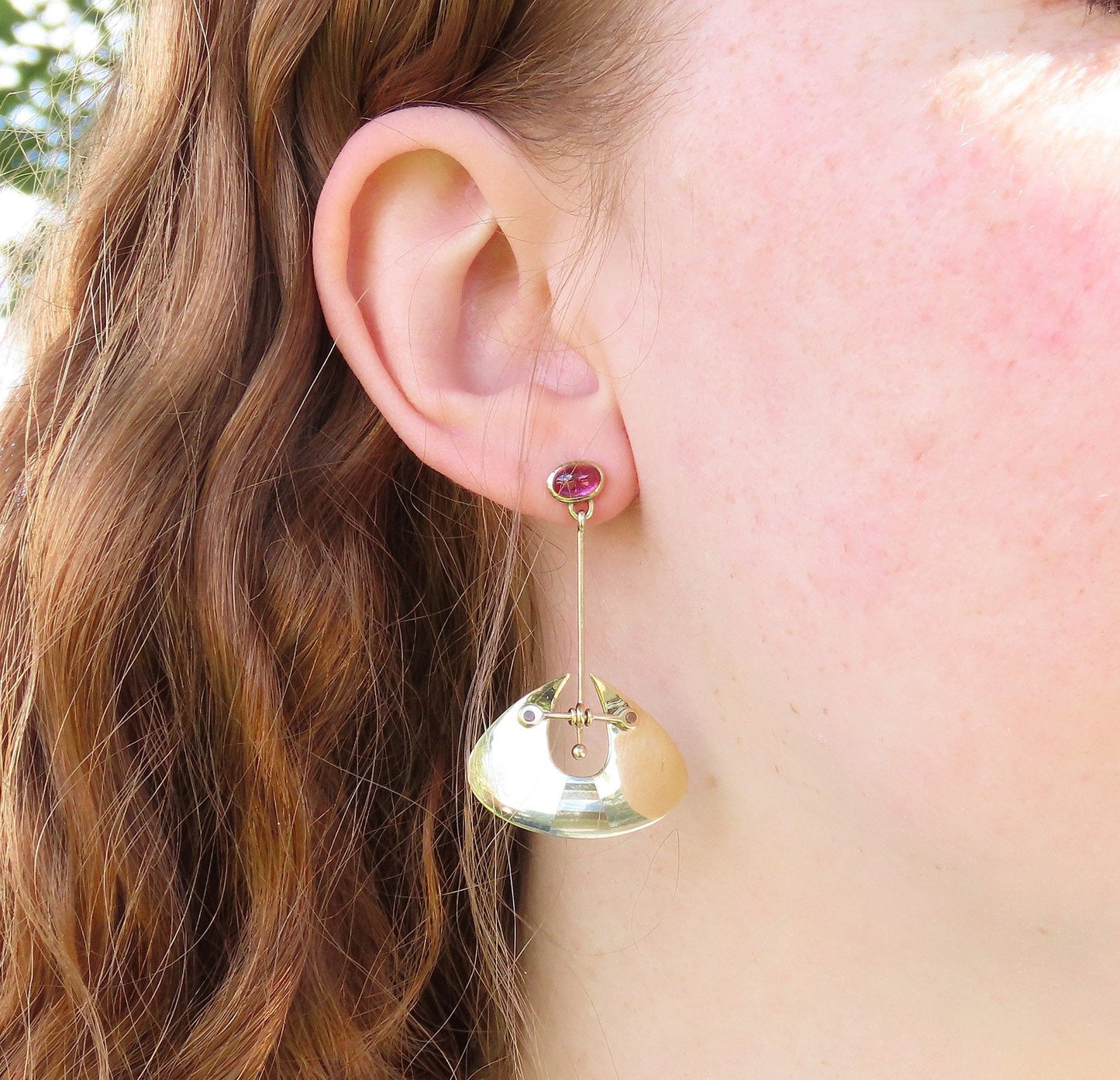 Stunning Pair Artisan 14k Yellow Gold Pink Tourmaline Inlay Dangle Drop Earrings
