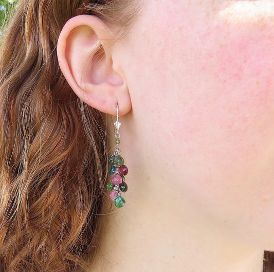 Beautiful 14k White Gold Multicolor Pink Green Tourmaline Dangle Drop Earrings