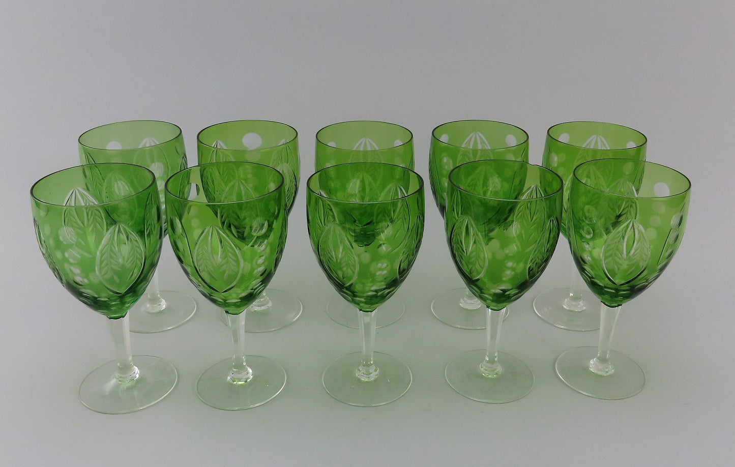 Lovely Set 10 Antique Green Cut to Clear Cut Glass Wine Glasses Stemware 6"