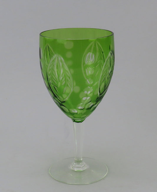 Lovely Set 10 Antique Green Cut to Clear Cut Glass Wine Glasses Stemware 6"