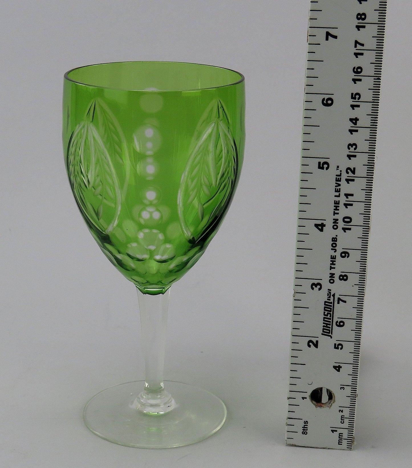 Lovely Set 10 Antique Green Cut to Clear Cut Glass Wine Glasses Stemware 6"