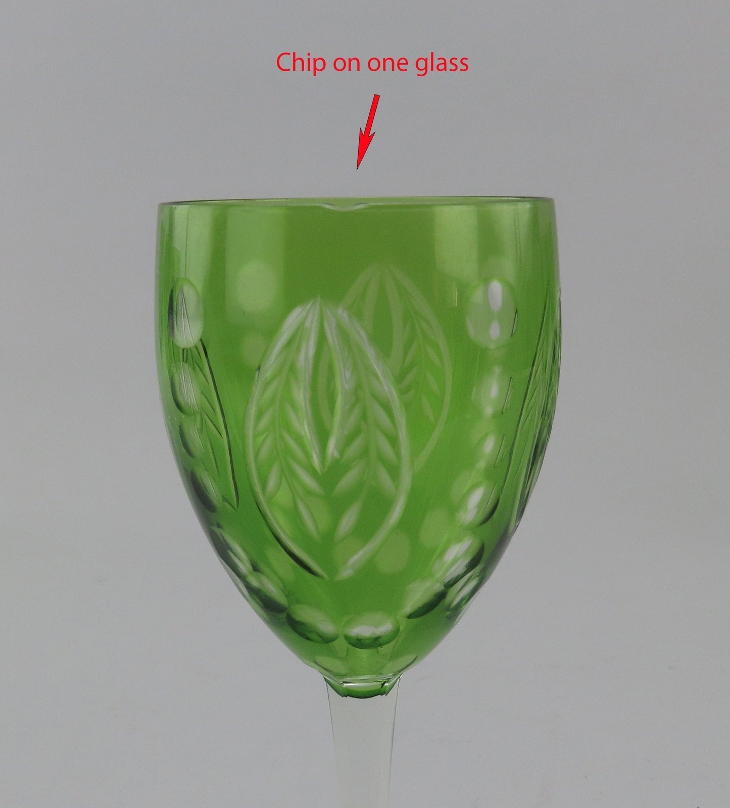 Lovely Set 10 Antique Green Cut to Clear Cut Glass Wine Glasses Stemware 6"