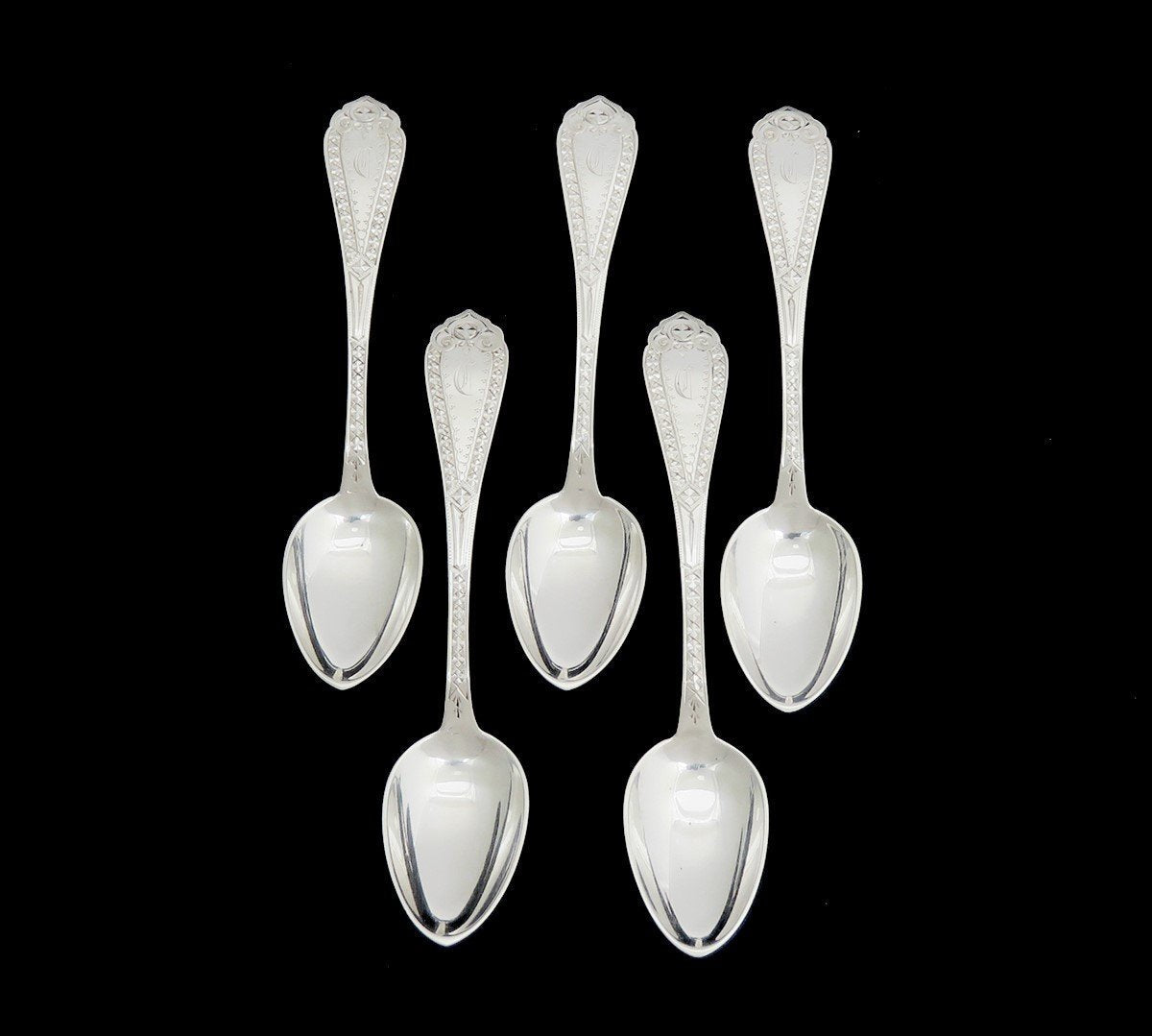 Set 5 c1850s American Coin Silver Bright Cut Demitasse Coffee Spoons C Mono