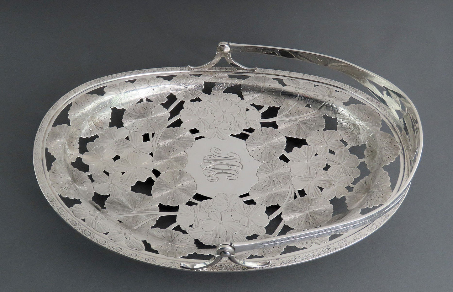 Whiting Sterling Silver Floral Engraved Pierced Basket Late 1800s