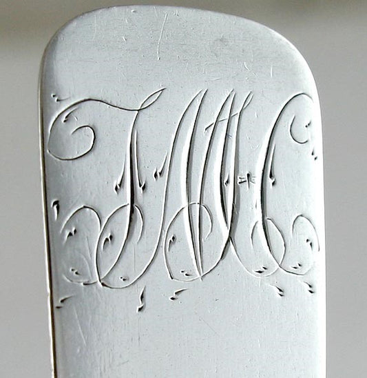 6 Antique Baltimore Coin Silver Fiddle pat Spoons Stone