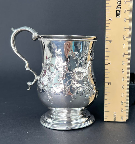 Very Rare c1861 American Sterling 950 Silver Chased Cup Mug of Fargo Family Name