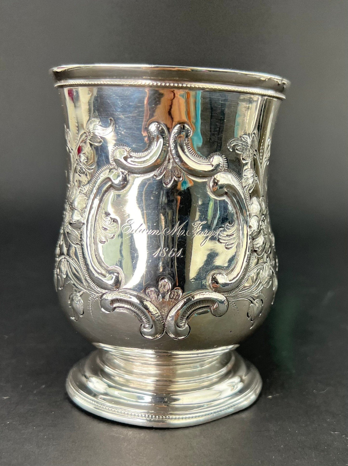 Very Rare c1861 American Sterling 950 Silver Chased Cup Mug of Fargo Family Name