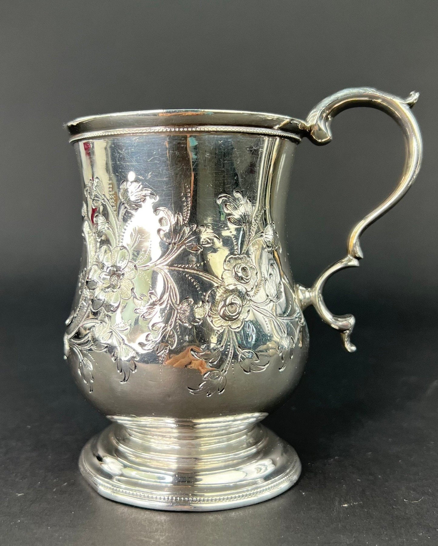 Very Rare c1861 American Sterling 950 Silver Chased Cup Mug of Fargo Family Name
