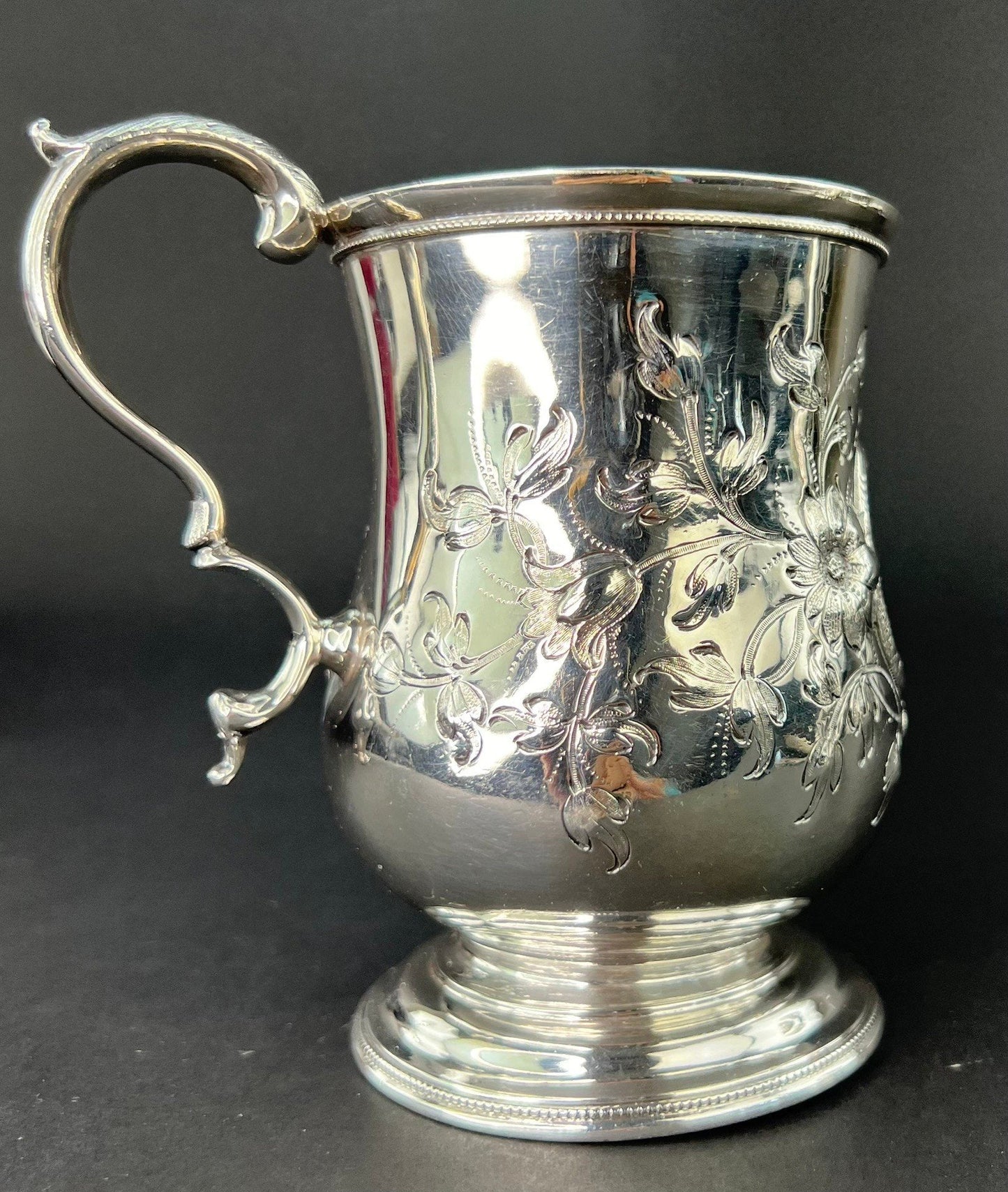 Very Rare c1861 American Sterling 950 Silver Chased Cup Mug of Fargo Family Name
