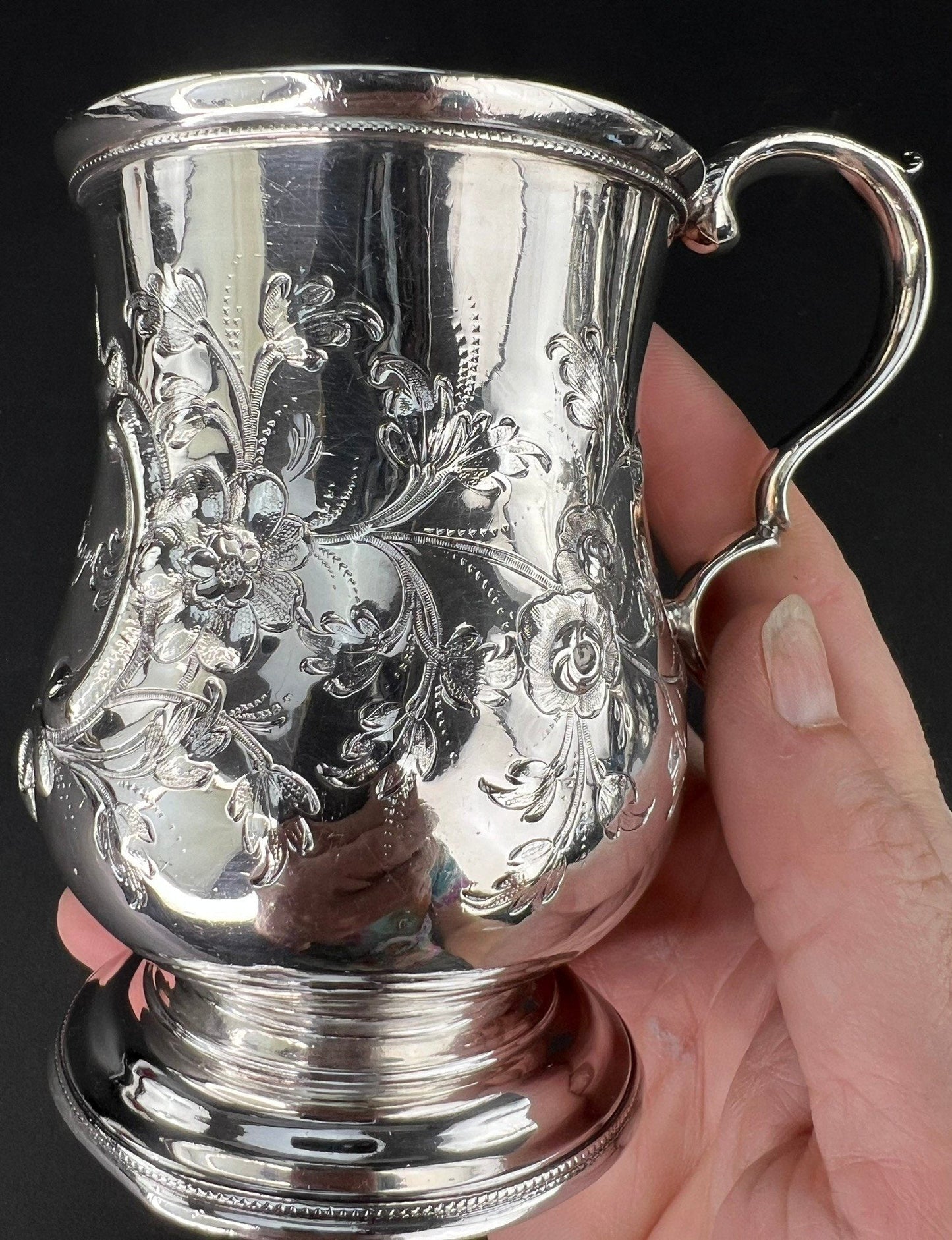 Very Rare c1861 American Sterling 950 Silver Chased Cup Mug of Fargo Family Name