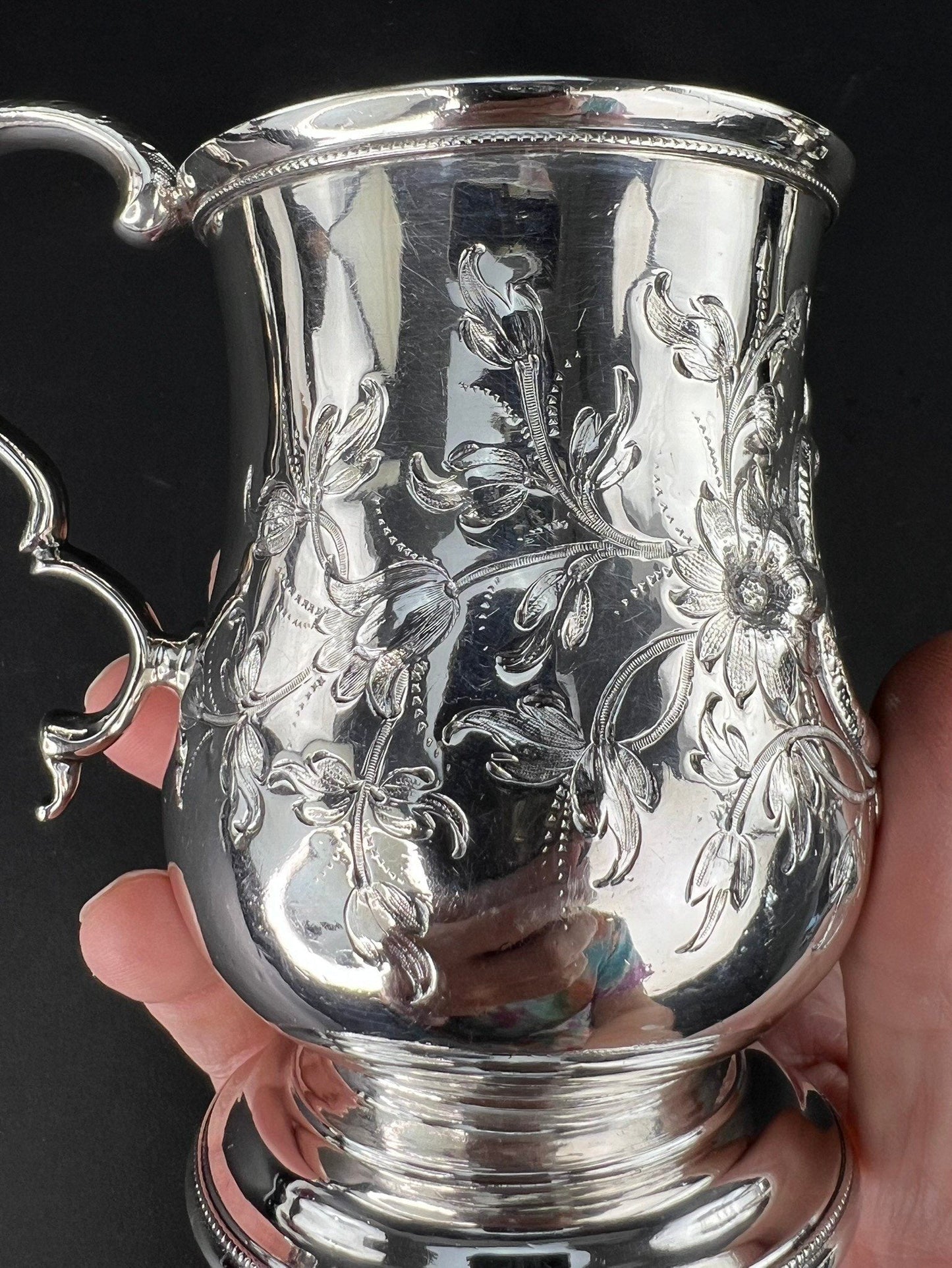 Very Rare c1861 American Sterling 950 Silver Chased Cup Mug of Fargo Family Name