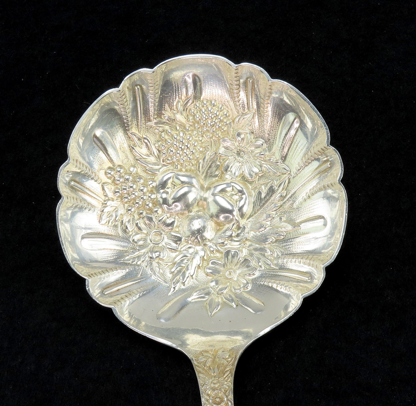 Pristine Mid/Late 1800s Kirk Sterling Silver Repousse 9.25" Fruit Serving Spoon