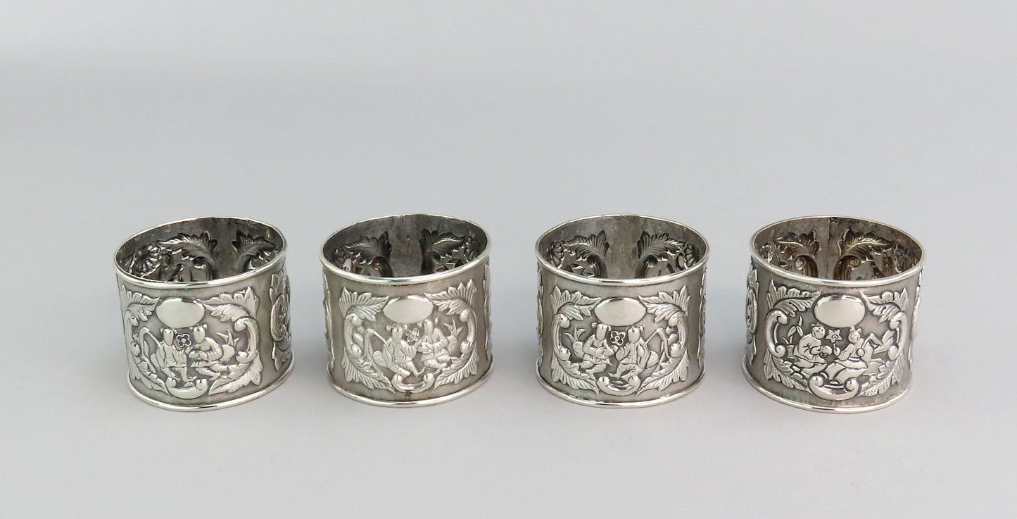 Fabulous Set Chinese Export Mid-1800s Silver Napkin Rings w/ Original Box