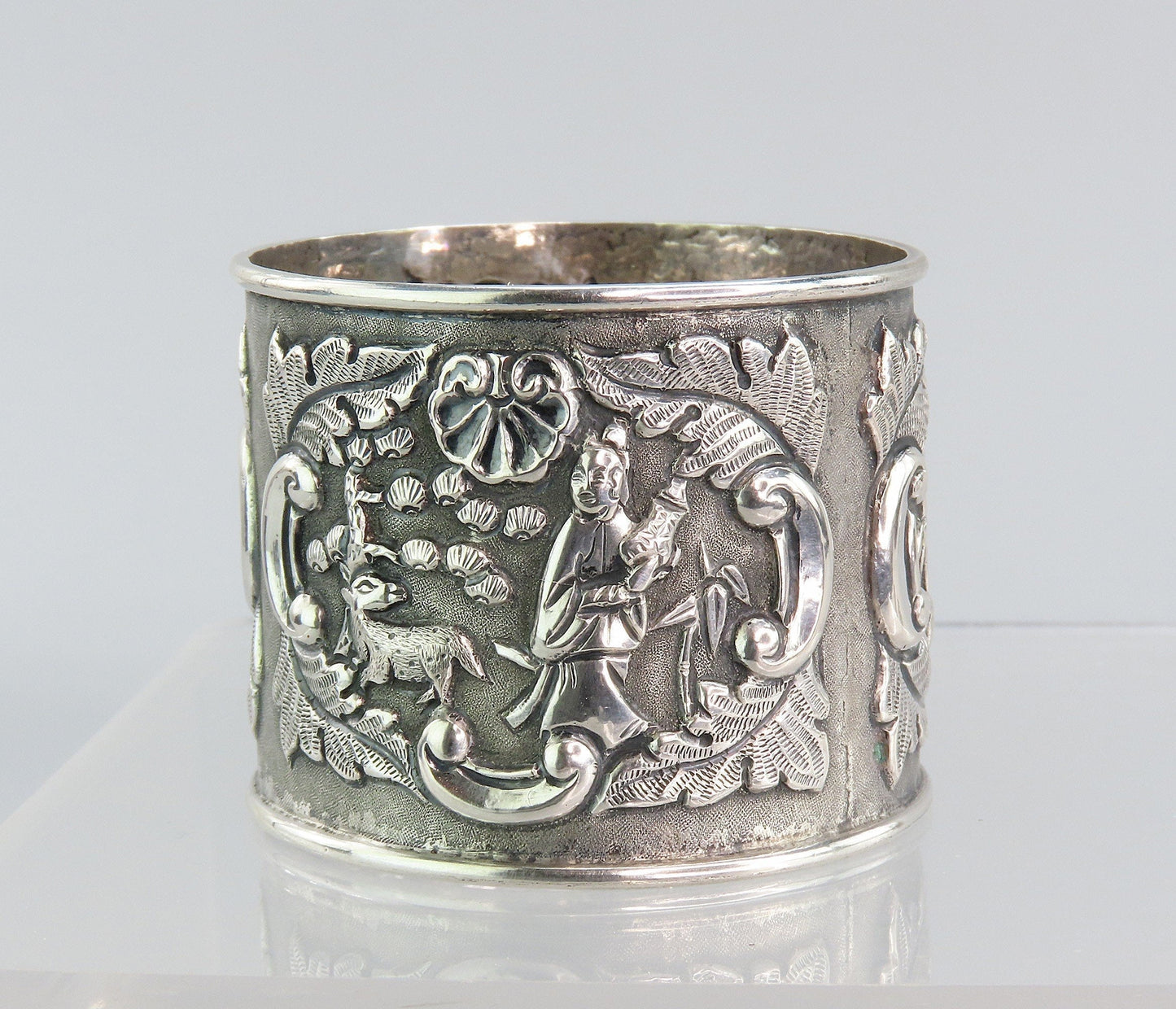 Fabulous Set Chinese Export Mid-1800s Silver Napkin Rings w/ Original Box