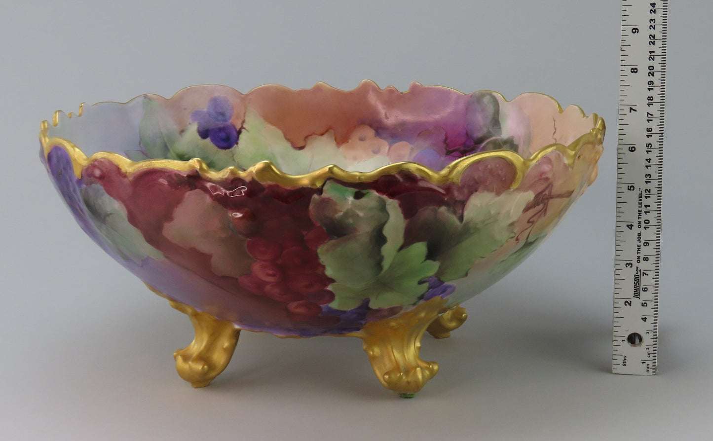 Huge 1904 Limoges Tres. Vogt Hand Painted Grapes Gilt Large Punchbowl Bowl 14.5"