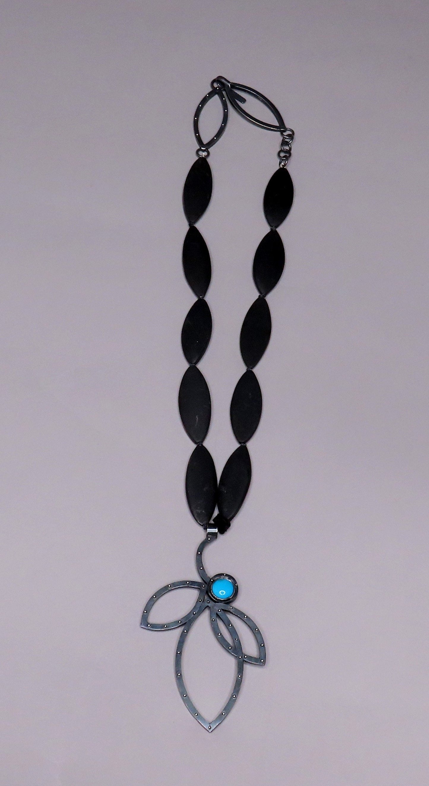 Great Statement Necklace Oxidized Sterling Black Bead Leaf Shape Pendant 18"
