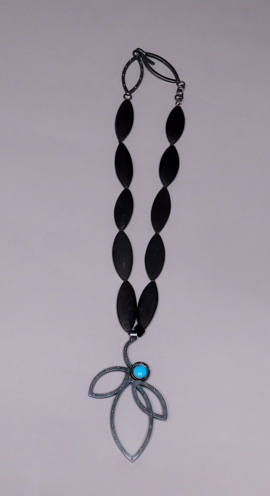 Great Statement Necklace Oxidized Sterling Black Bead Leaf Shape Pendant 18"