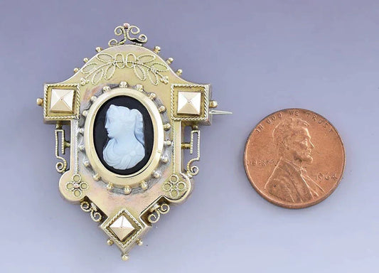 Neat Gold Filled Carved Stone Cameo Pin/Pendant w/ Etruscan Revival Look