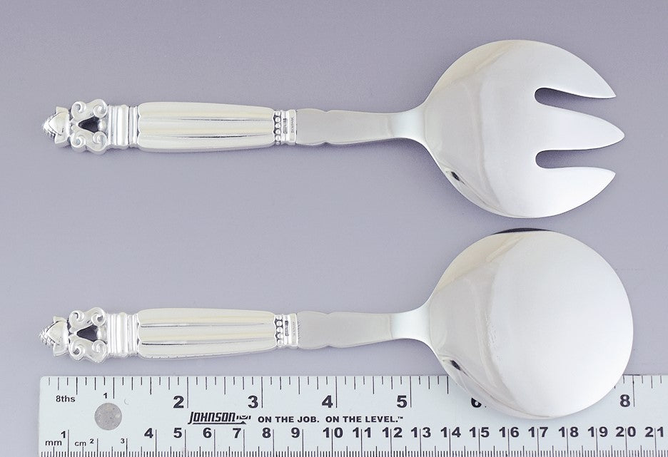Fine Pair Georg Jensen Acorn Sterling Silver Serving Fork Spoon Set 8"