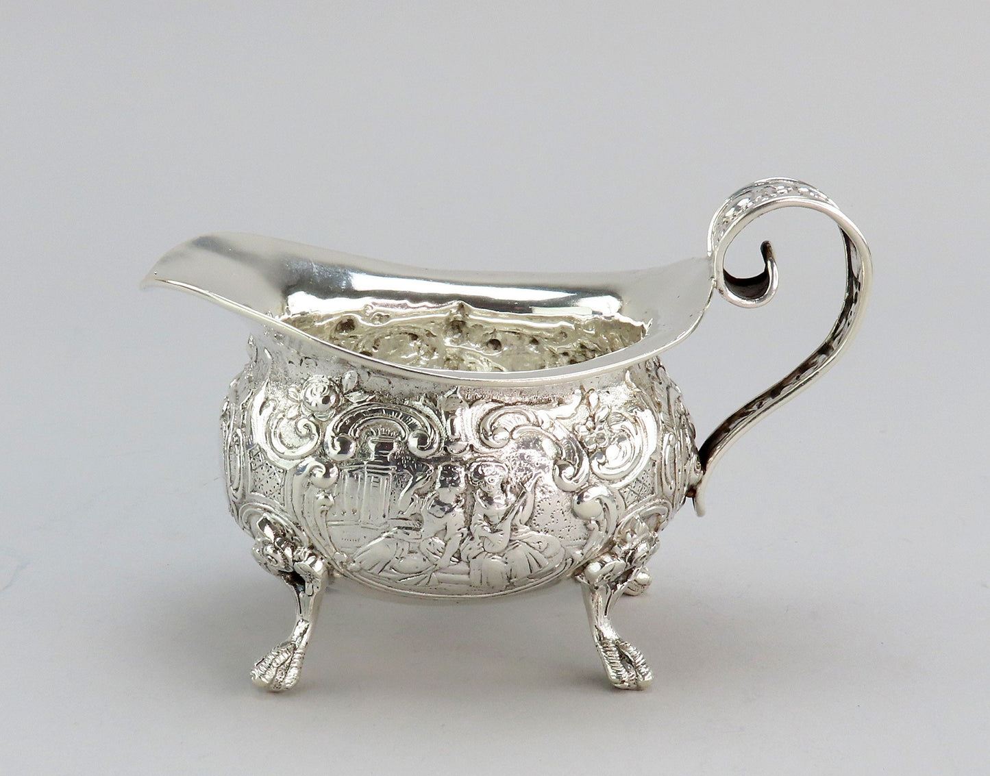 Fantastic Antique German Hanau 800 Silver Genre Courting Scene Creamer