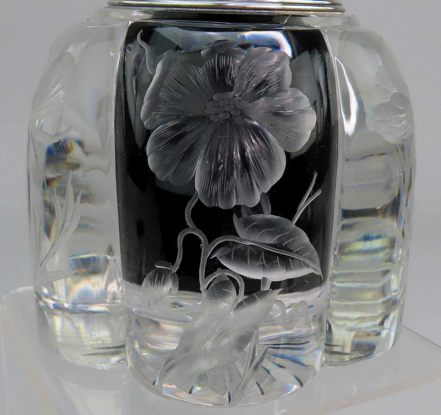 Superb c1890s Gorham Sterling Silver ABP Intaglio Flowers Cut Glass Inkwell