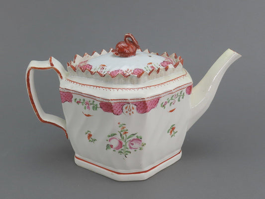Rare c1805 English Pearlware Pink Floral Red Swan Finial Teapot