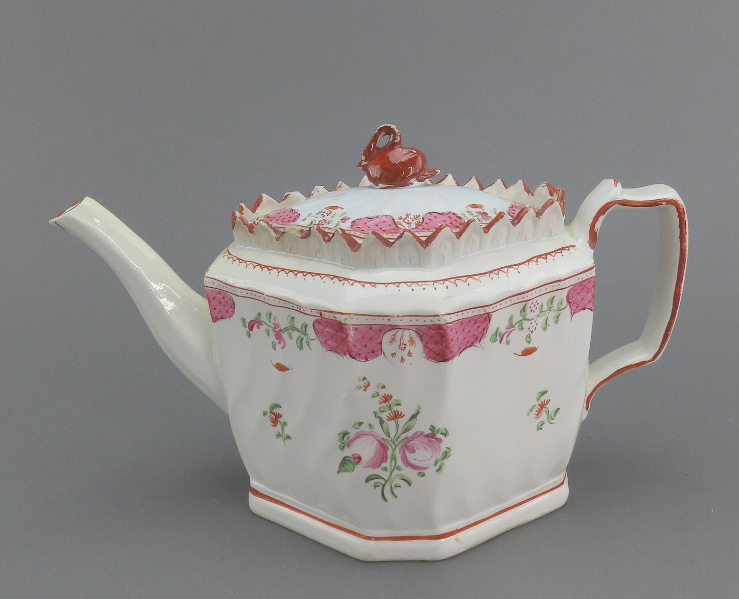 Rare c1805 English Pearlware Pink Floral Red Swan Finial Teapot