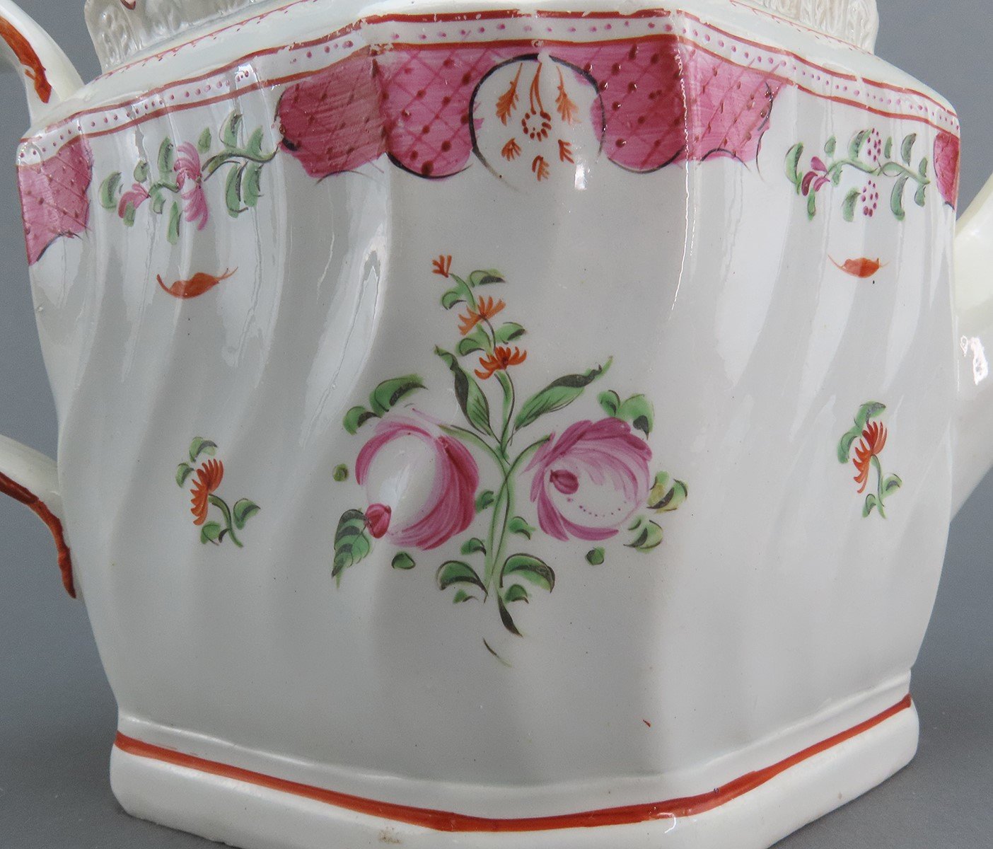 Rare c1805 English Pearlware Pink Floral Red Swan Finial Teapot