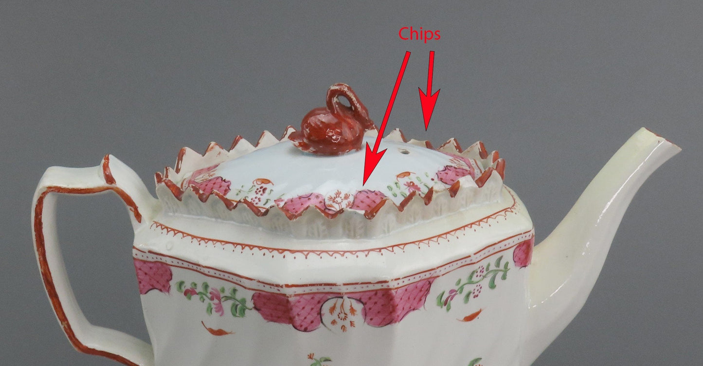 Rare c1805 English Pearlware Pink Floral Red Swan Finial Teapot
