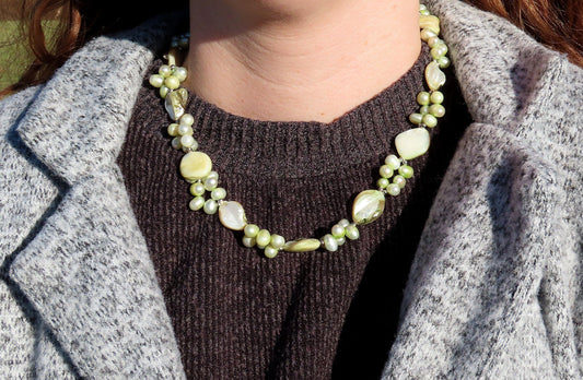 Pretty Spring Green Baroque Pearl and Mother of Pearl Necklace