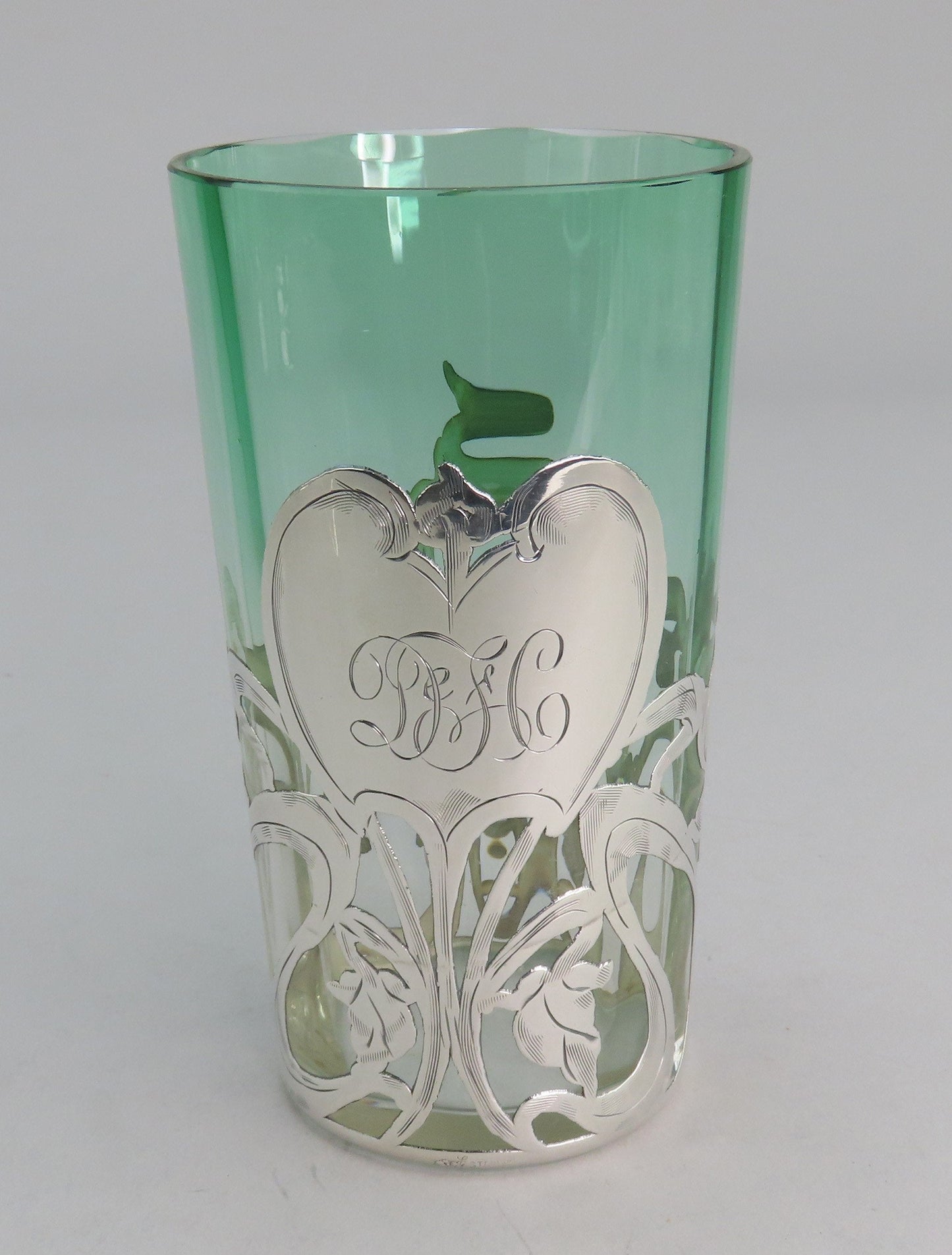 La Pierre Sterling Silver Green Ombre Glass Decanter Set w/ 4 Cups Art Nouveau