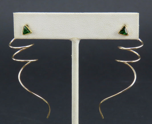 14k Yellow Gold Triangular Green Tsavorite Garnet Spiral Threader Earrings