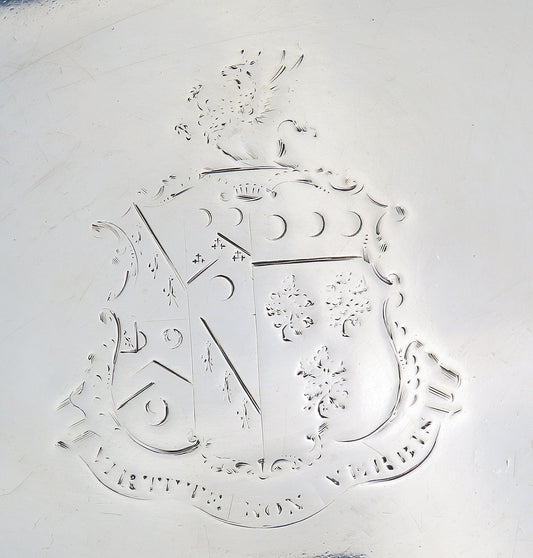1823 English Sterling Silver Small Round Tray Robinson Crest Motto 8" Diameter